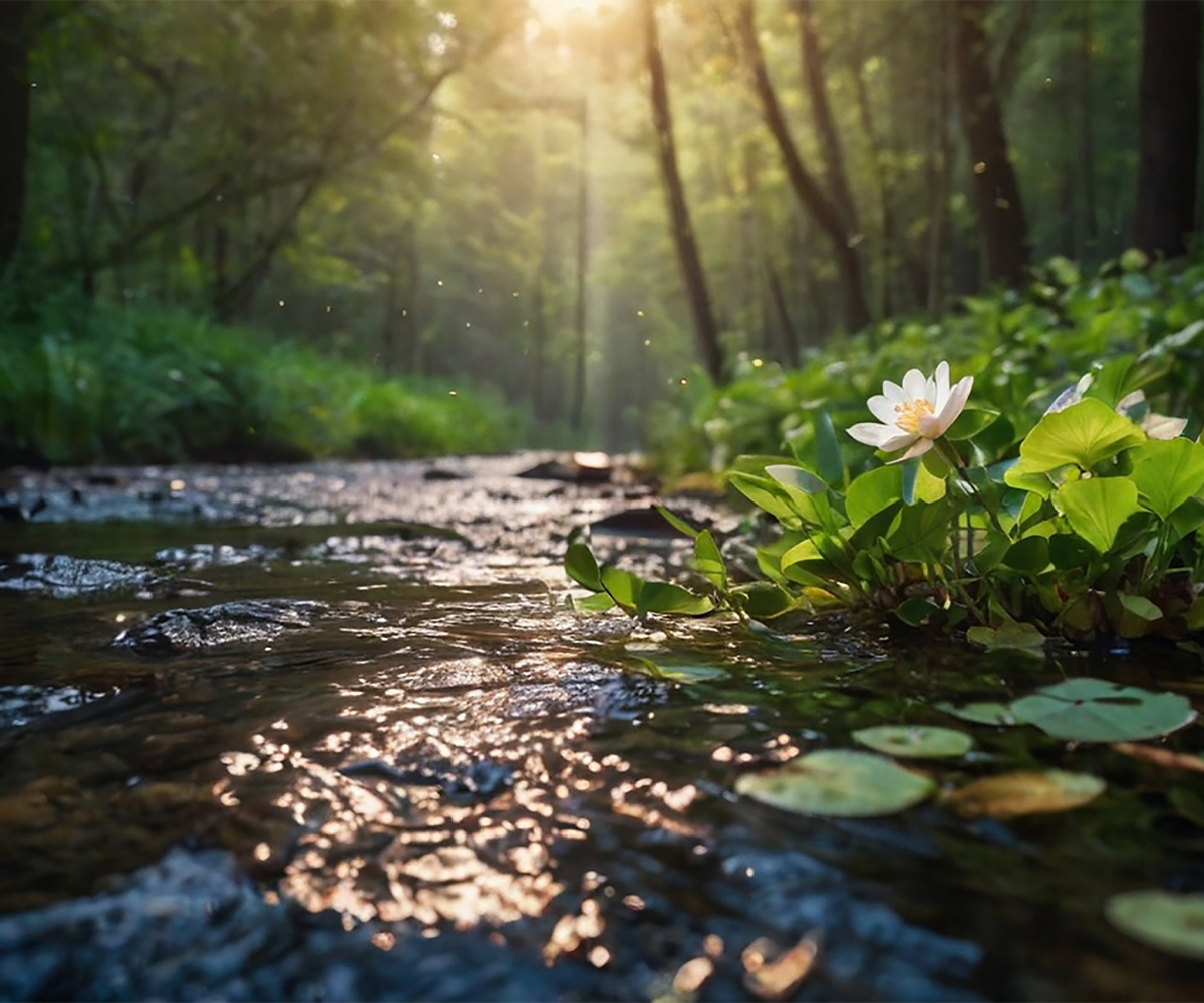 Sunlit forest stream with water lily, symbolizing sustainable forestry and clean waterways.