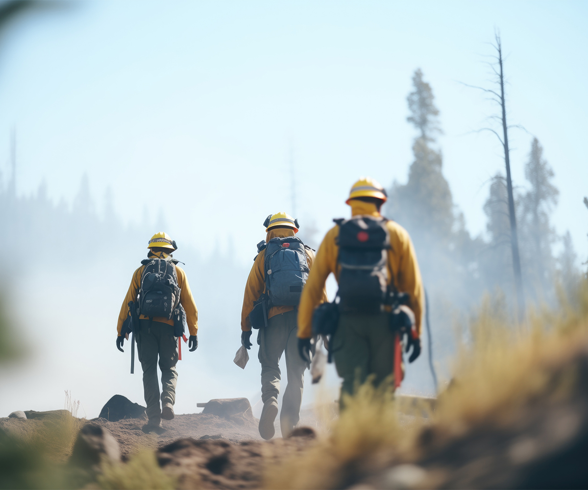 Wildland firefighters hike through smoky burn area, supporting reforestation after wildfires.