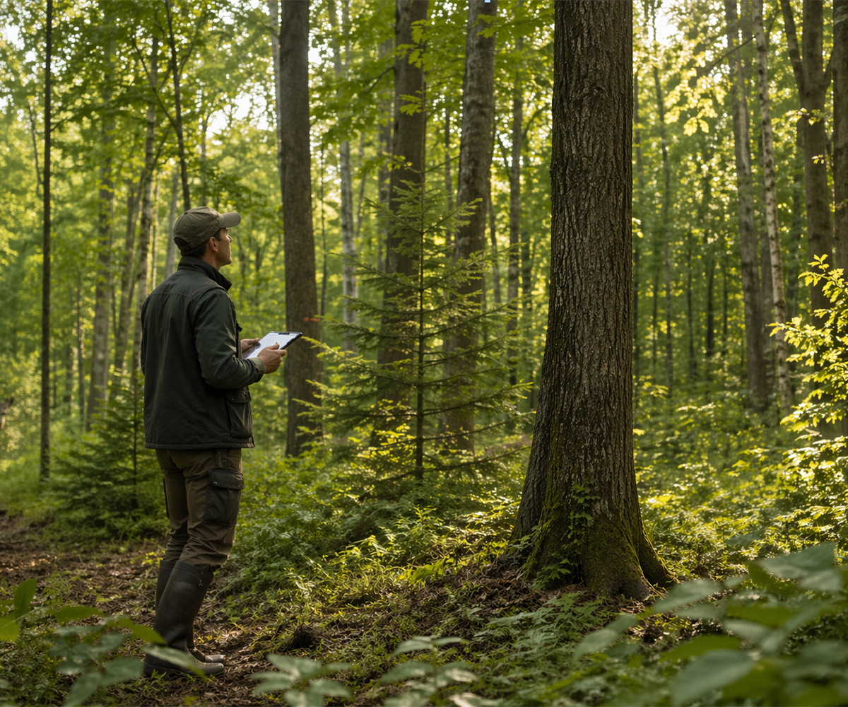 Forestry management inspection in a healthy woodland