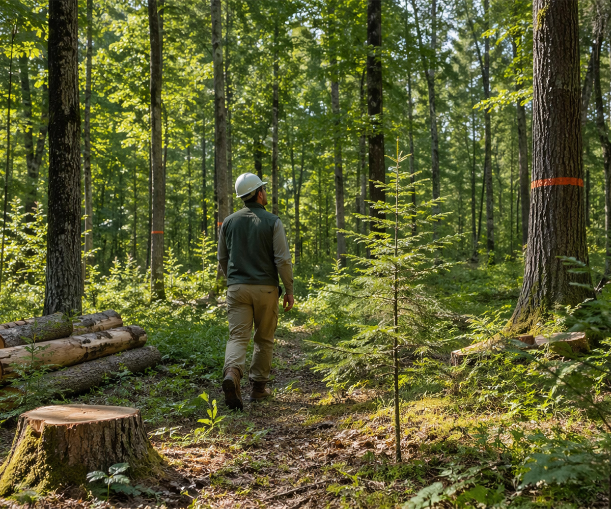 Forester walking through selectively marked timber