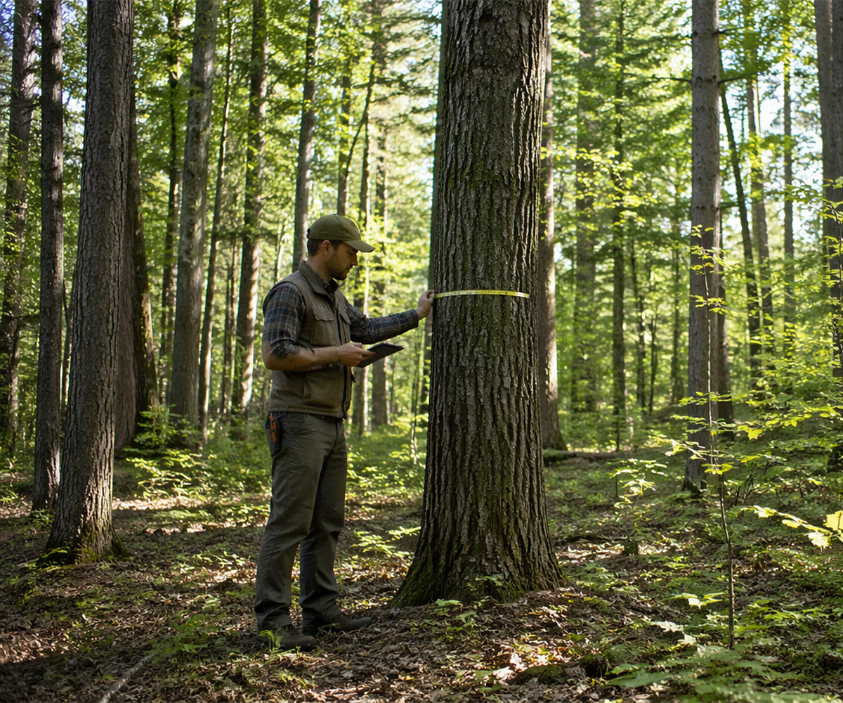 Forester measuring tree diameter for forest inventory